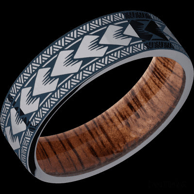 7 mm wide/Flat/Tantalum band with a laser carved Maori pattern also featuring a Koa sleeve.