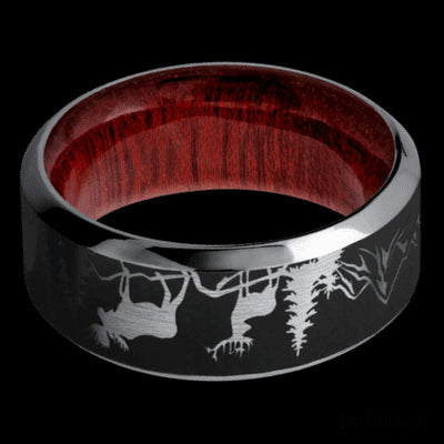 9 mm wide/High Bevel/Tantalum band with a laser carved Bear Moose Deer Mountain pattern also featuring a Blood Wood sleeve.