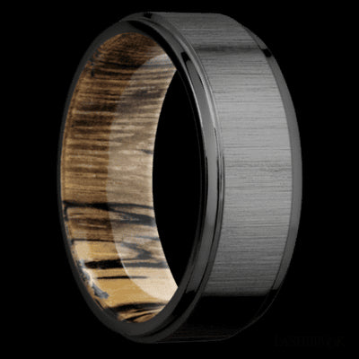 8 mm wide Flat Grooved Edges Zirconium band featuring a Spalted Tamarind sleeve.