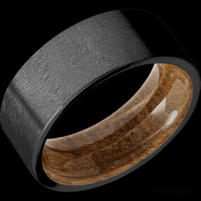 8 mm wide Flat Zirconium band featuring a Whiskey Barrel sleeve.