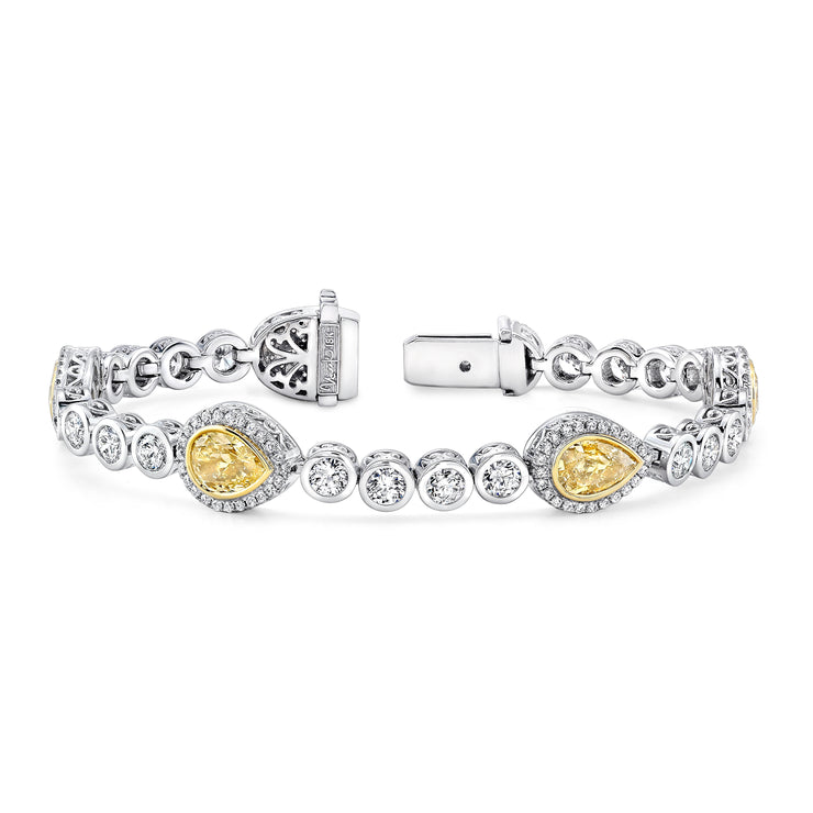 Uneek Pear-Shaped Yellow Diamond Bracelet with Round Colorless Diamond Bezels