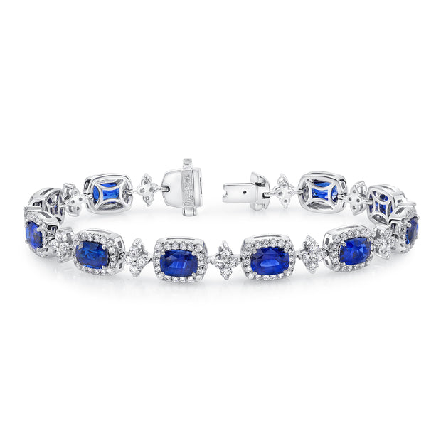 Uneek Precious Collection Halo Round Blue Sapphire Link Bracelet