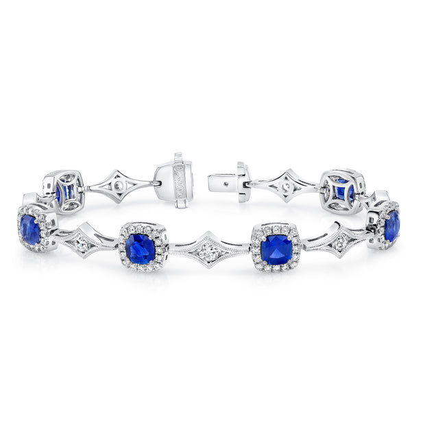 Uneek Cushion-Cut Sapphire Bracelet with Channel-Set Diamonds in Milgrain-Trimmed Rhomboid Links