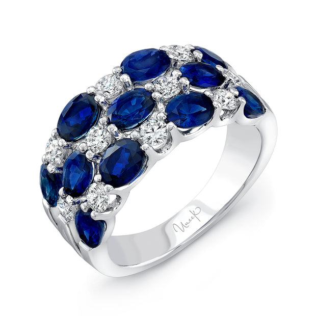 Uneek Three-Row Oval Blue Sapphire and Round Diamond Band