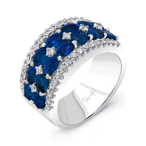 Uneek Two-Row Oval Blue Sapphire Band with Diamond Accents and Edging