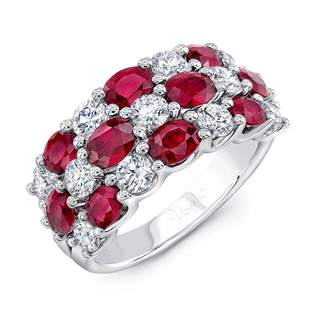 Uneek Oval Ruby and Round Diamond Three-Row Band