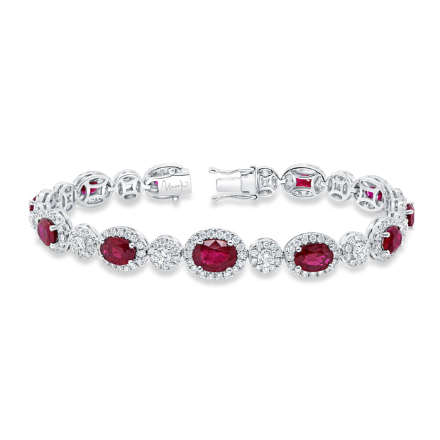 Uneek Precious Collection Halo Oval Shaped Ruby Tennis Bracelet