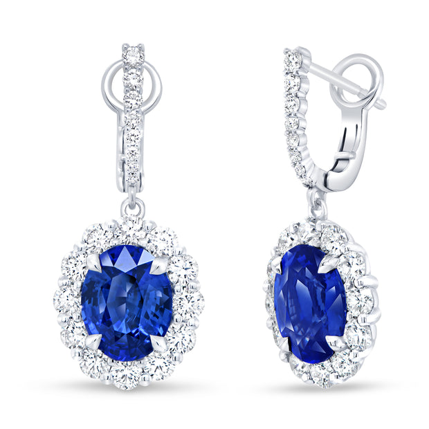Uneek Precious Collection Halo Oval Blue Sapphire Drop Earrings