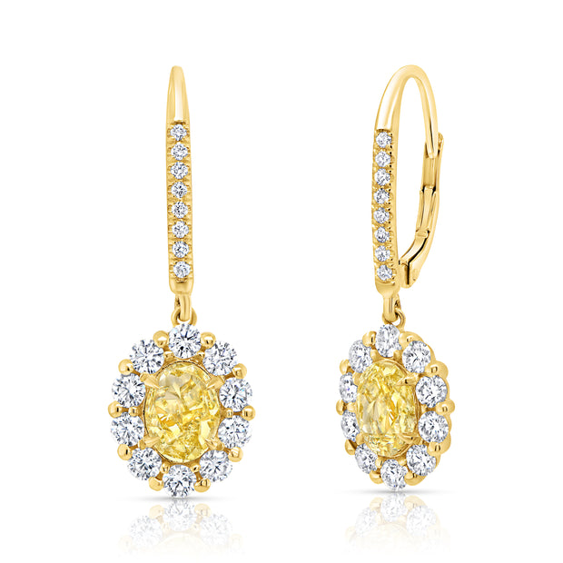 Uneek Natureal Collection Halo Oval Yellow Diamond Drop Earrings