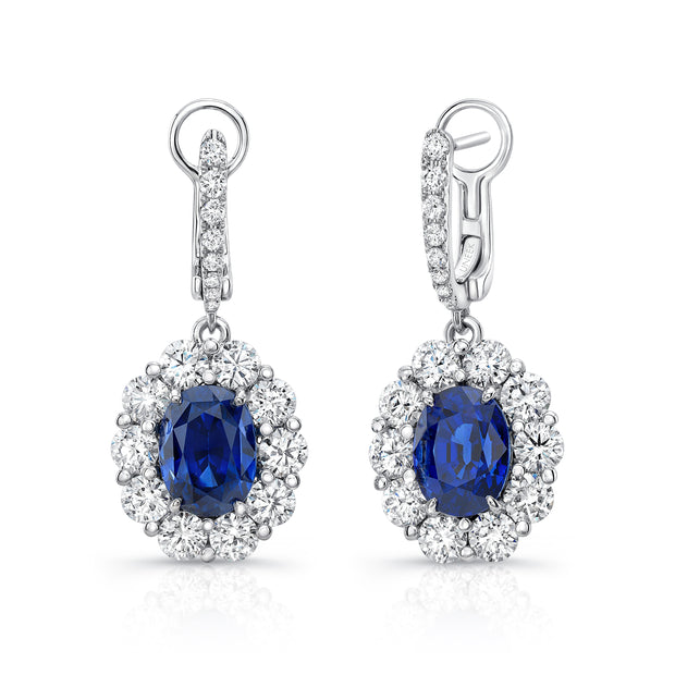 Uneek Precious Collection Halo Oval Blue Sapphire Drop Earrings