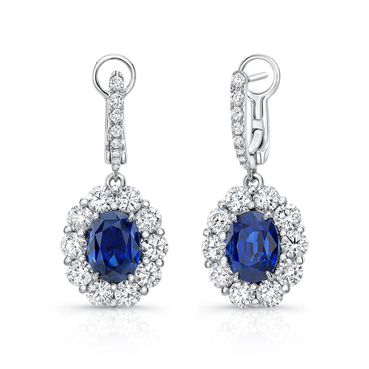 Uneek Precious Collection Halo Oval Blue Sapphire Drop Earrings