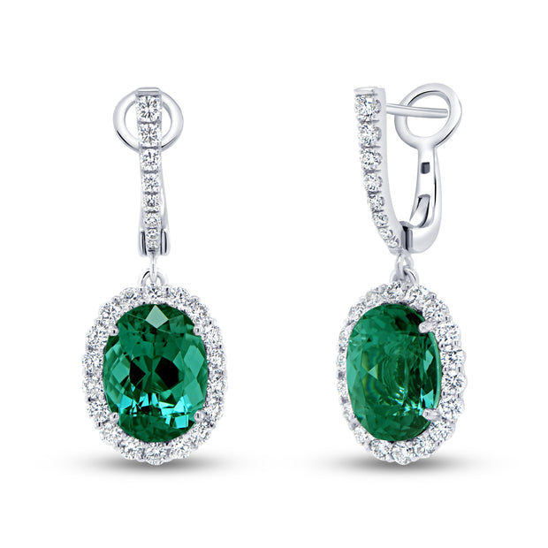 Uneek Precious Collection Halo Oval Shaped Green Tourmaline Dangle Earrings