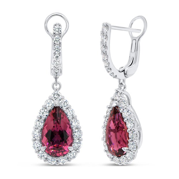 Uneek Precious Collection Halo Pear Rubellite Drop Earrings