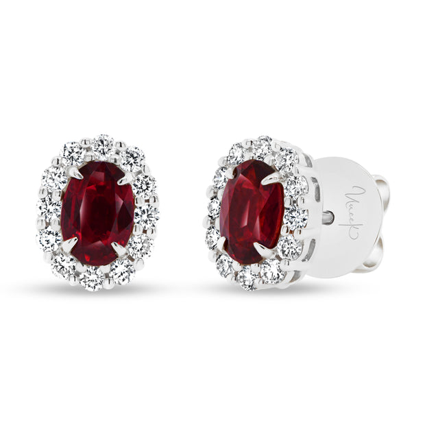 Uneek Precious Collection Halo Oval Ruby Stud Earrings