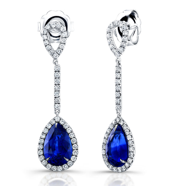 Uneek Precious Collection Halo Round Blue Sapphire Dangle Earrings