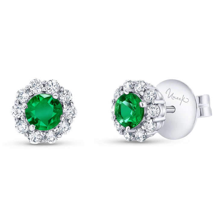 Uneek Precious Collection Halo Round Emerald Stud Earrings