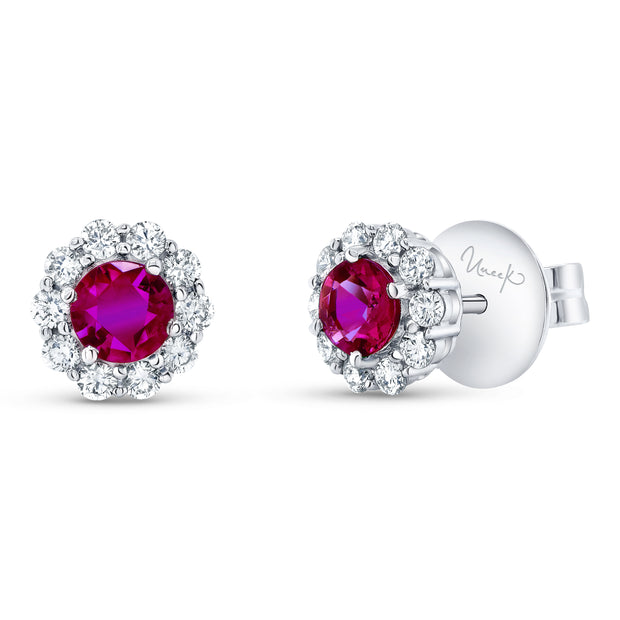 Uneek Precious Collection Halo Round Ruby Stud Earrings