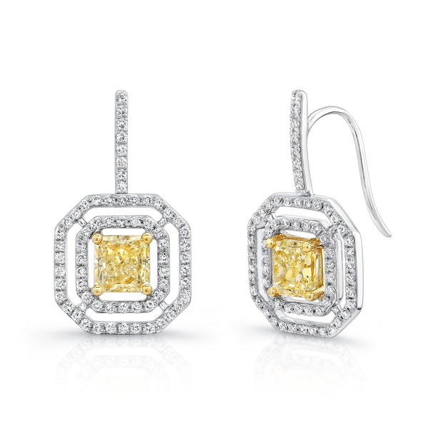Uneek Radiant Cut Yellow Diamond Drop Earrings with Geometric Floating Halos