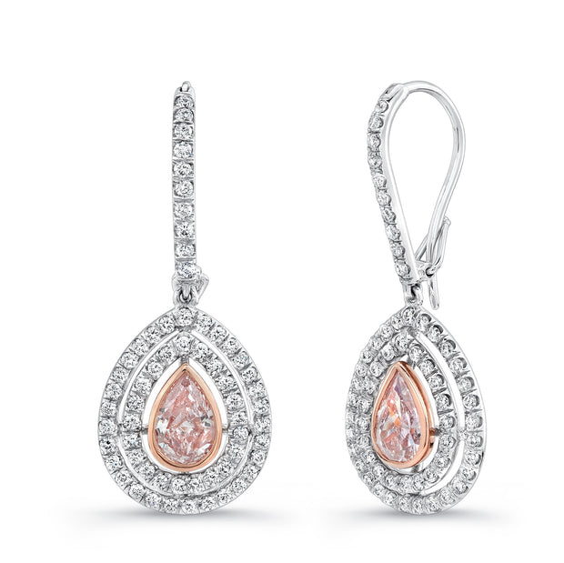 Uneek Pear-Shaped Pink Diamond Double Halo Dangle Earrings