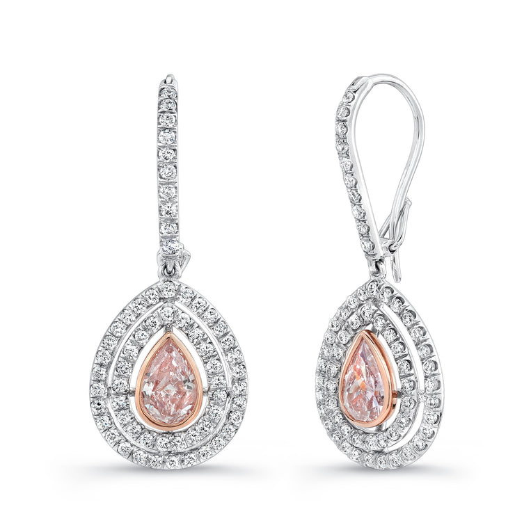 Uneek Pear-Shaped Pink Diamond Double Halo Dangle Earrings