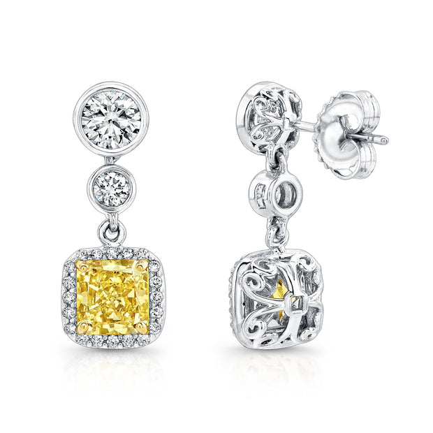 Uneek Radiant-Cut Yellow Diamond Halo Dangle Earrings
