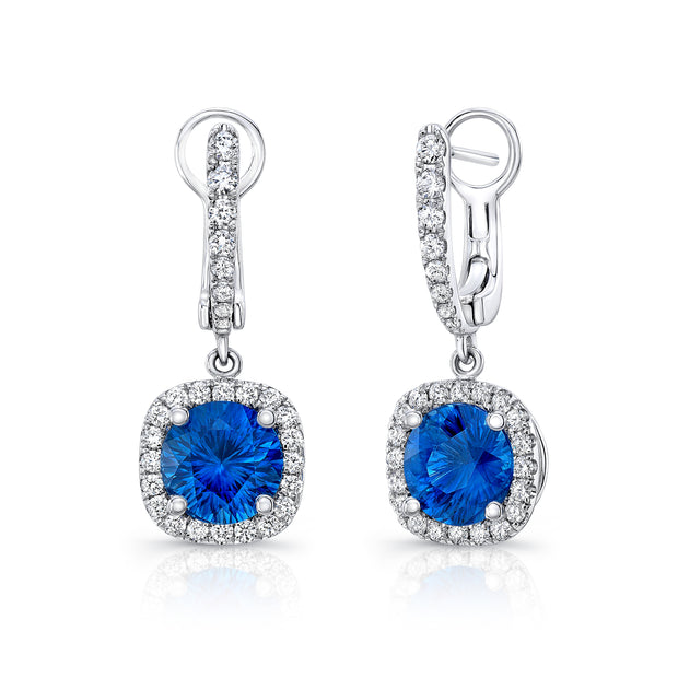 Uneek Round Blue Sapphire Drop Earrings with Cushion-Shaped Diamond Halos