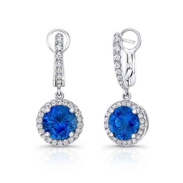 Uneek Round Blue Sapphire Drop Earrings with Diamond Halo