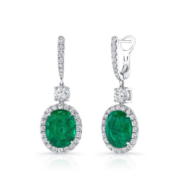 Uneek Precious Collection Halo Oval Emerald Drop Earrings