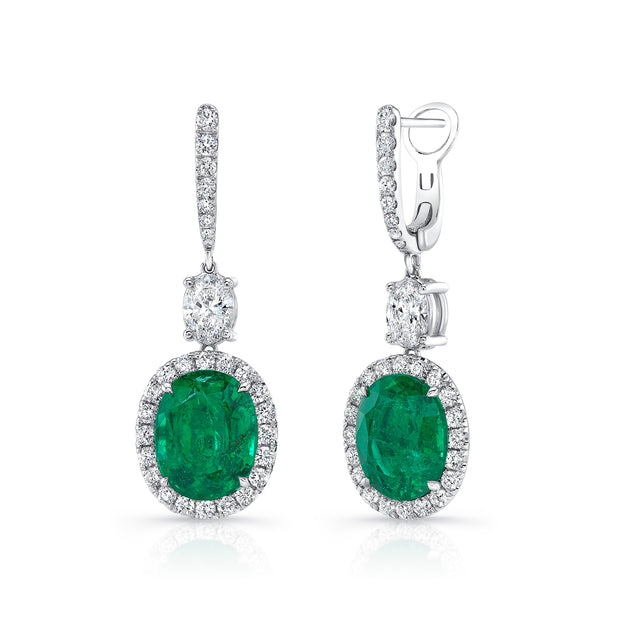 Uneek Precious Collection Halo Oval Shaped Emerald Dangle Earrings