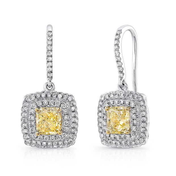 Uneek Natureal Collection Double-Halo Cushion Cut Fancy Yellow Diamond Dangle Earrings