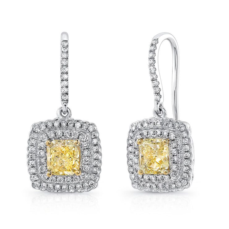 Uneek Natureal Collection Double-Halo Cushion Fancy Yellow Diamond Drop Earrings