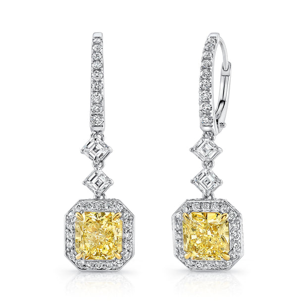 Uneek Radiant-Cut Fancy Light Yellow Dangle Earrings with Tilted Asscher-Cut Accent White Diamonds