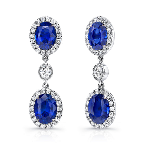 Uneek Precious Collection Halo Round Blue Sapphire Dangle Earrings