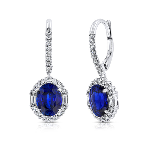 Uneek Precious Collection Halo Oval Blue Sapphire Drop Earrings