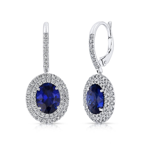 Uneek Oval Blue Sapphire Drop Earrings with Diamond Double Halos