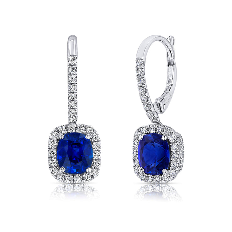 Uneek Precious Collection Halo Cushion Blue Sapphire Drop Earrings