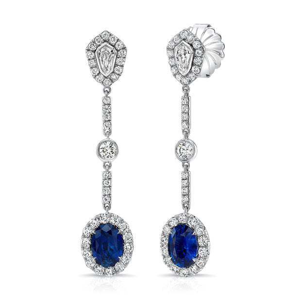 Uneek Precious Collection Halo Oval Blue Sapphire Dangle Earrings