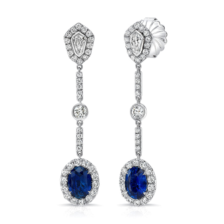 Uneek Precious Collection Halo Oval Blue Sapphire Dangle Earrings