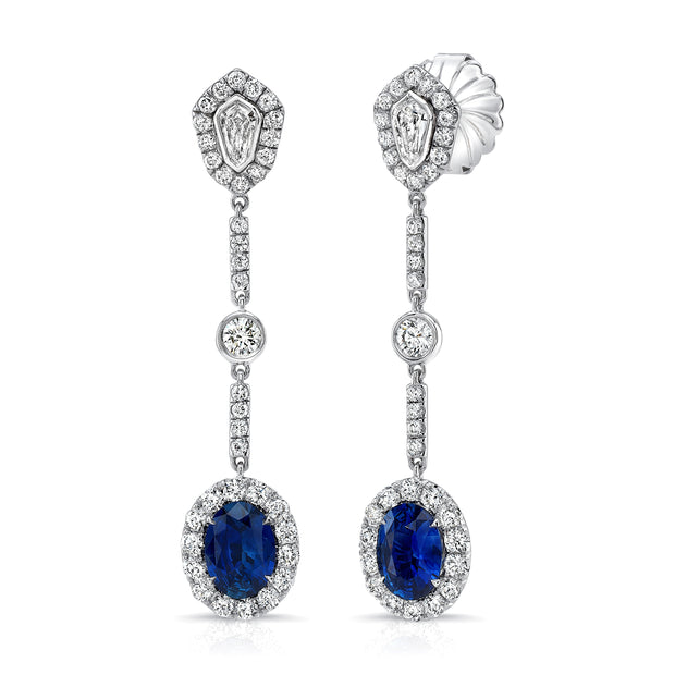 Uneek Oval Blue Sapphire Dangle Earrings with Kite-Shaped and Round Bezel Diamond Accents
