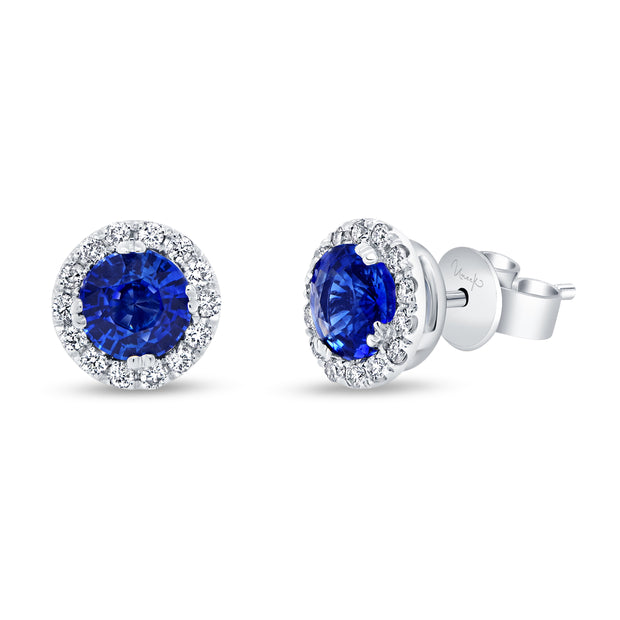 Uneek Precious Collection Halo Round Blue Sapphire Stud Earrings