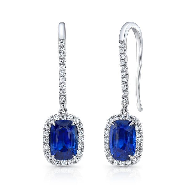 Uneek Cushion-Cut Blue Sapphire Earrings with Pave Diamond Halos