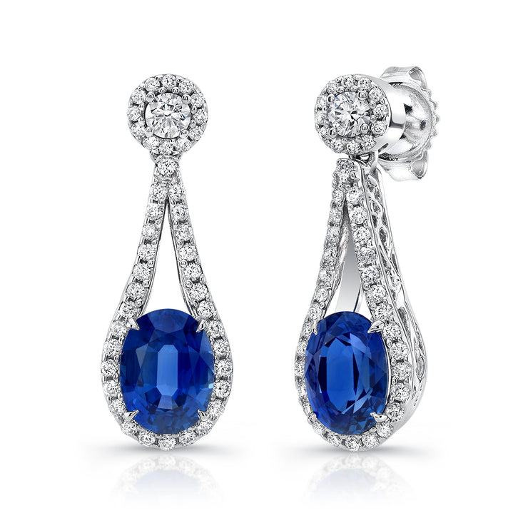 Uneek Oval Blue Sapphire Earrings with Teardrop-Shaped Diamond-and-Filigree Frames