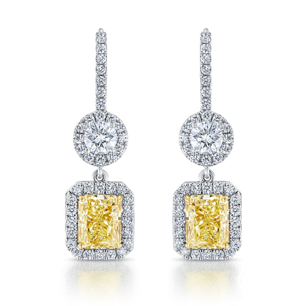Uneek Radiant Fancy Yellow Diamond Dangle Earrings with Accent Round Diamonds