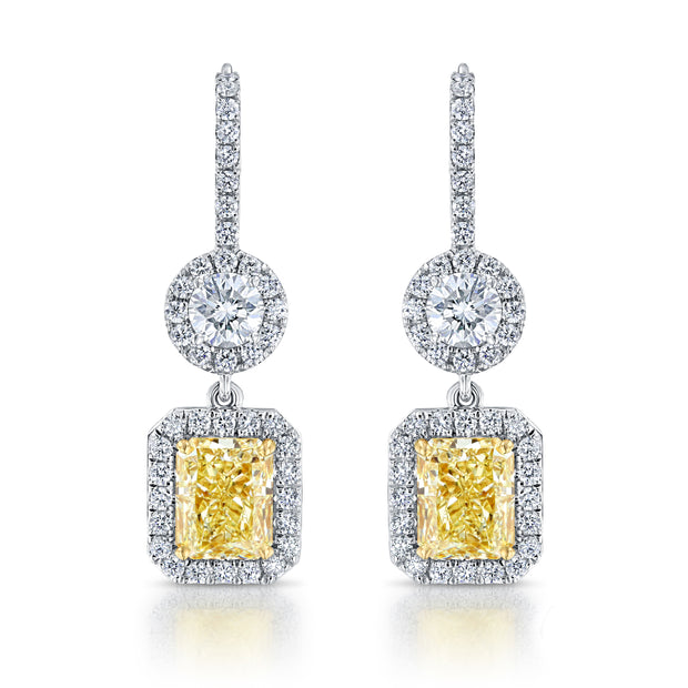 Uneek Radiant Fancy Yellow Diamond Dangle Earrings with Accent Round Diamonds