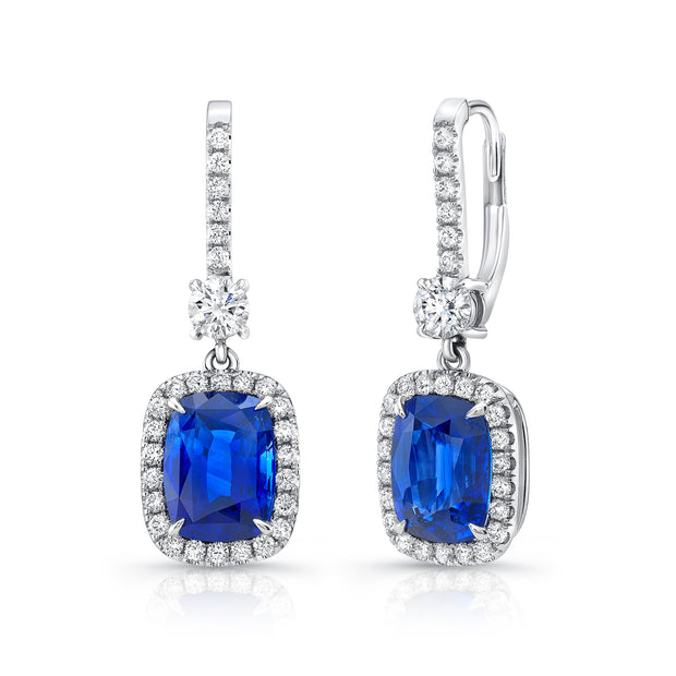 Uneek Cushion-Cut Blue Sapphire Dangle Earrings with Smaller Sapphire Accents