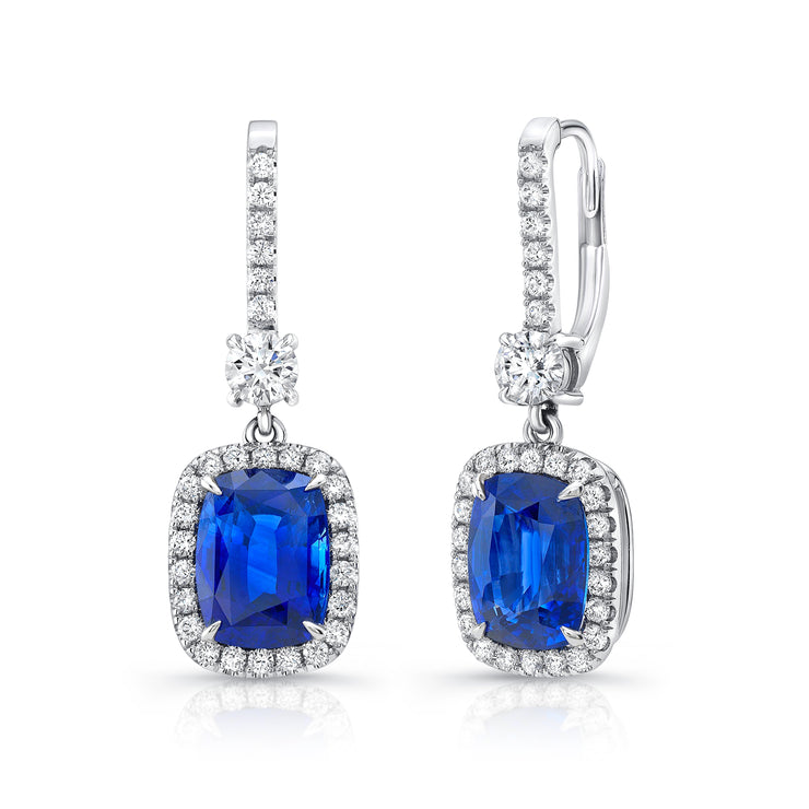 Uneek Precious Collection Halo Cushion Blue Sapphire Drop Earrings