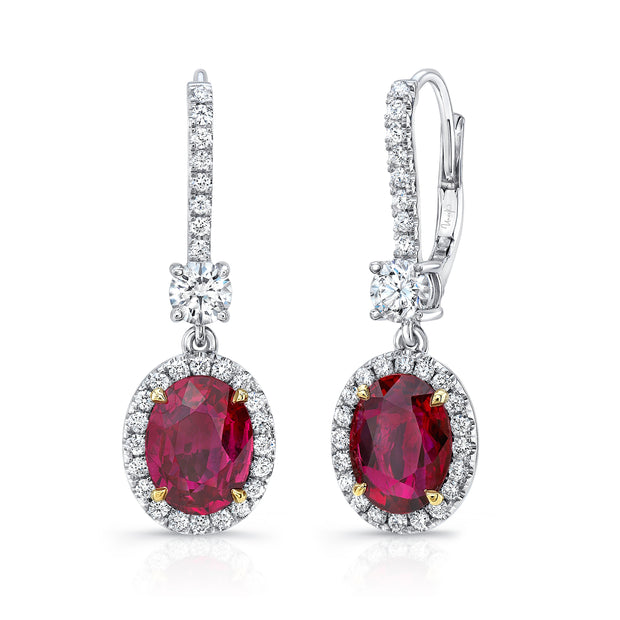 Uneek Oval Ruby Dangle Earrings with Round Diamond Accents