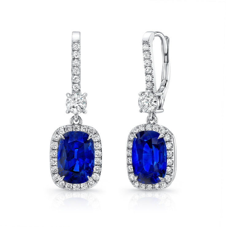 Uneek Precious Collection Halo Cushion Blue Sapphire Drop Earrings