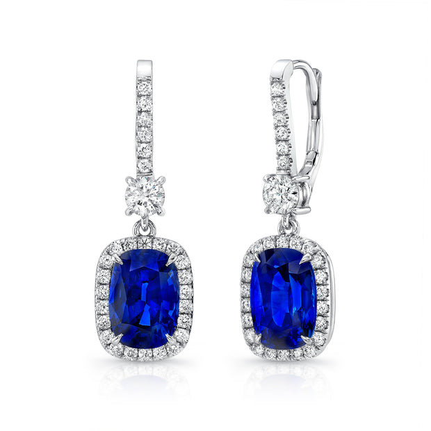 Uneek Cushion-Cut Blue Sapphire Dangle Earrings with Pave Diamond Halos