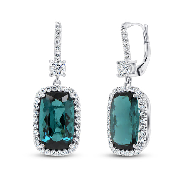 Uneek Precious Collection Halo Cushion Indicolite Tourmaline Drop Earrings